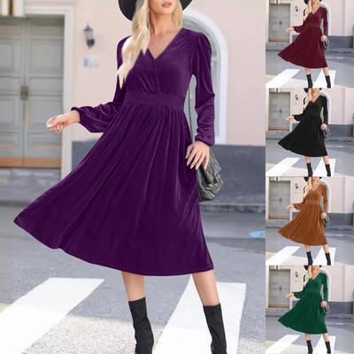 Женское однотонное платье с длинным рукавом, V-образным вырезом, плиссированное платье макси с высокой талией