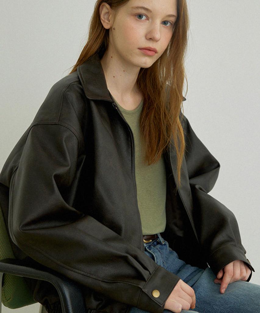 Asif Solid Leather Blouson Jacket (Brown)