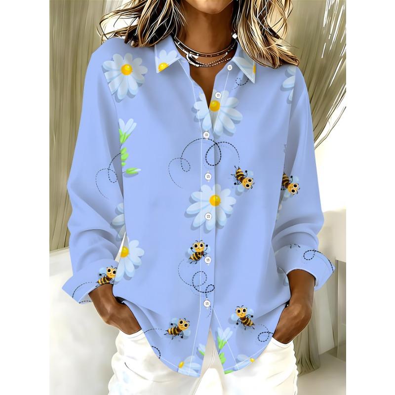 Plus size women's long-sleeved shirt daisy print shirt bee element mid-length girl's shirt