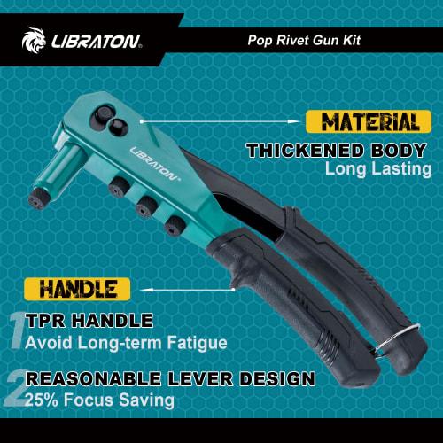 LIBRATON Hand Riveter Set, Includes 120 Blind Rivets, 4 Drill Bits, and 4 Toolless Nose Pieces, Riveting Tool Set