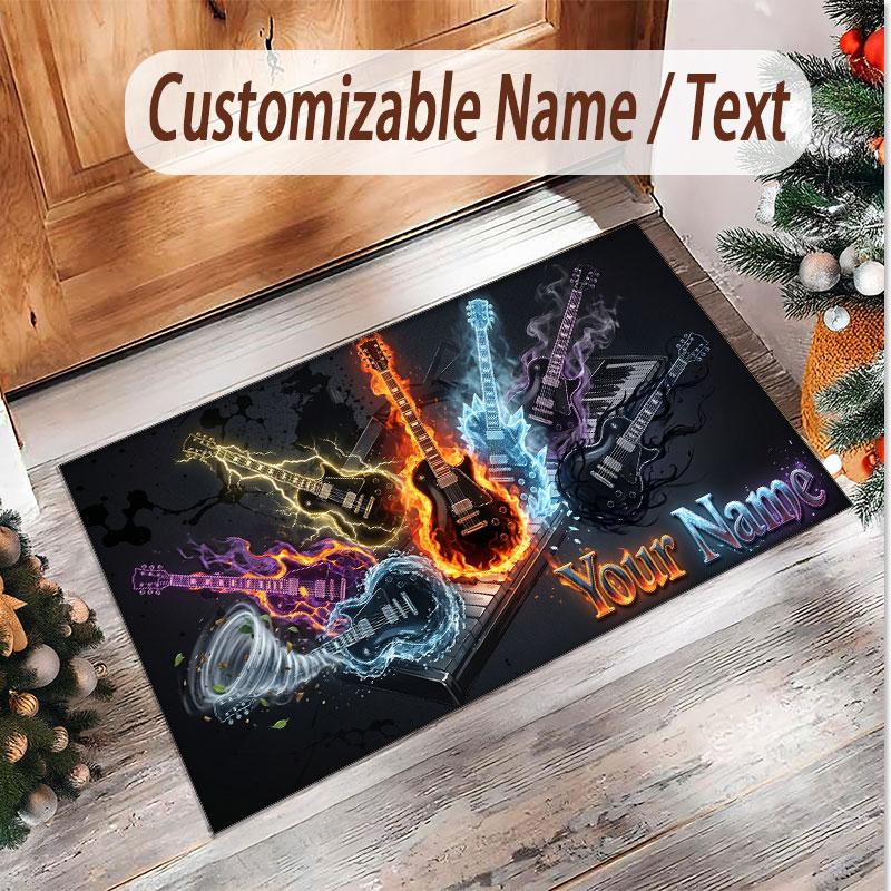 Music Guitar Theme Soft Crystal Velvet Rug Custom Name & Text Print Non Slip Floor Rug for Bedroom Living Room