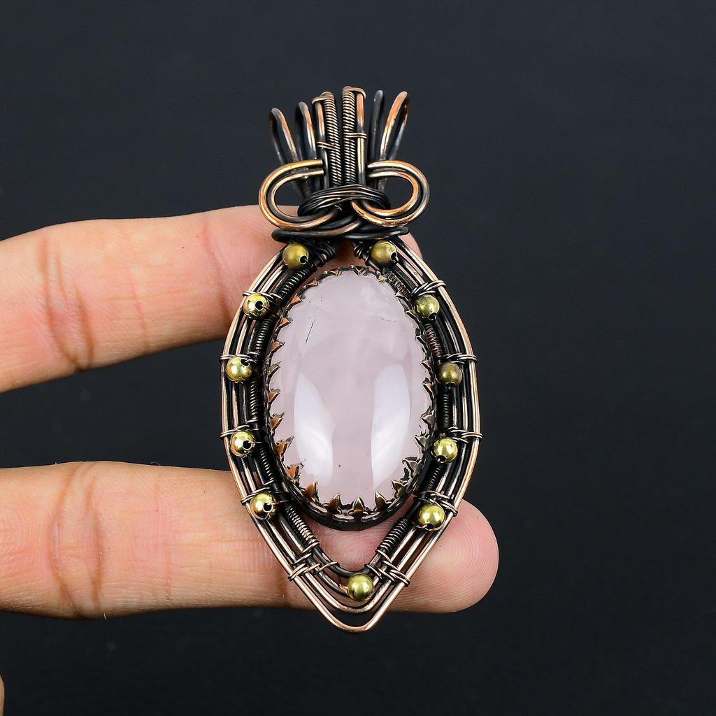 Fancy Rose Quartz Gemstone Pure Copper Wire Wrapped Handmade Jewelry Pendant