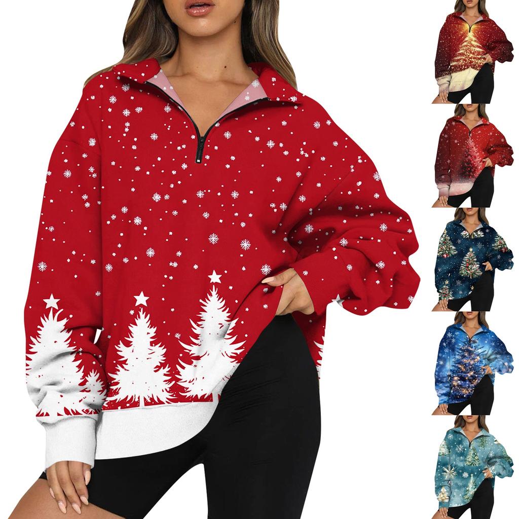 Women's Fashion Casual Long Sleeve Printed Zipper Turtleneck Drop Shoulder Sweatshirt Top