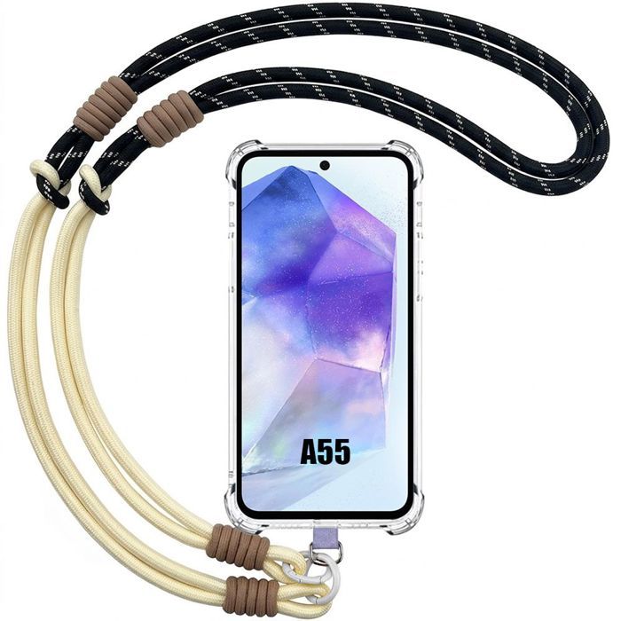 Coque pour Samsung Galaxy A55 5G, Antichoc Transparent avec Bandoulière Amovible Jaune Noir