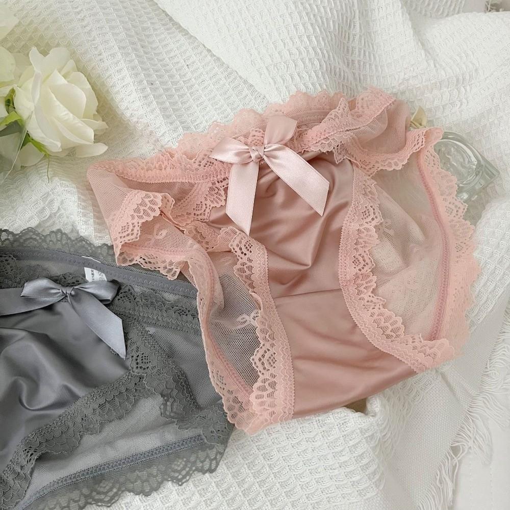 Breathable Low Waist Lace Panties Transparent Cotton Crotch Mesh Flower Briefs Lingerie Bow Lace Thin Underwear Lady