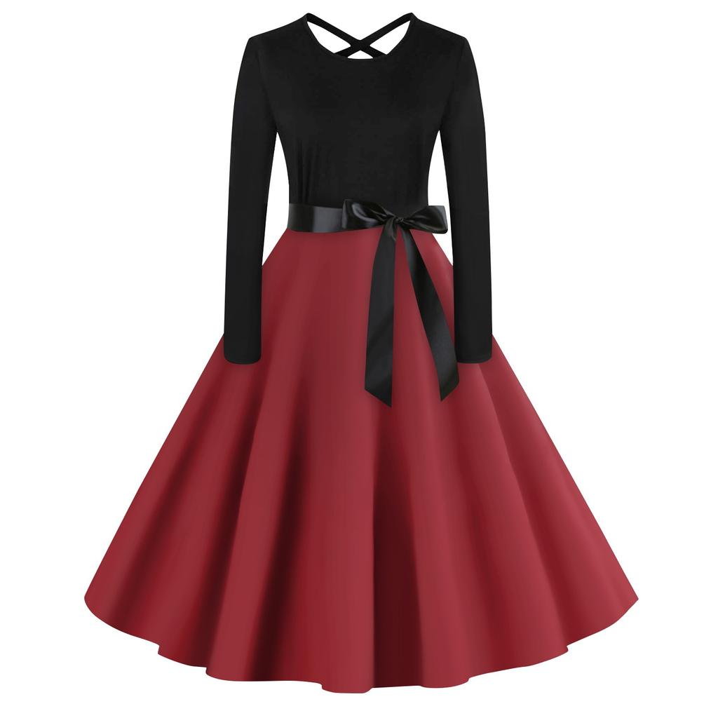 Женское повседневное однотонное платье-пуловер с круглым вырезом и высокой талией с длинными рукавами