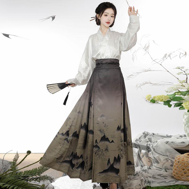 Улучшенная длинная юбка в стиле китайской династии Мин для женщин и взрослых, черная юбка с изображением лошадиной морды