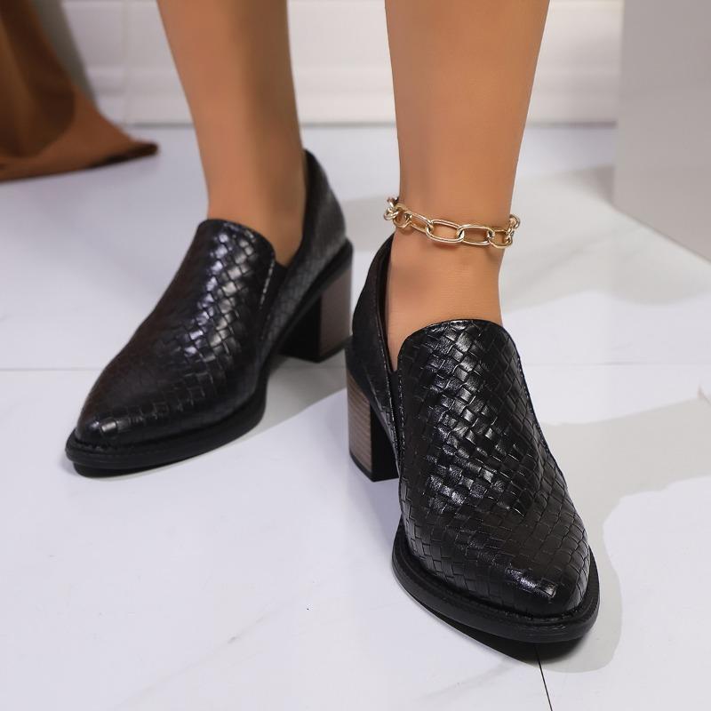 Fashion 2025 Women's Elegant Chunky Heels Pumps Fashion Lattice Patent Leather Shoes Women Pointed Toe High Heeled Loafers