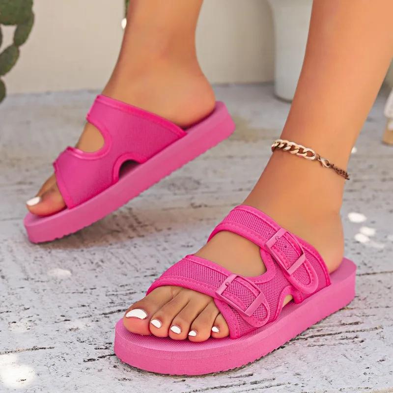 Модная обувь для женщин 2024 года, высококачественные женские тапочки больших размеров, модные повседневные тапочки с пряжкой на ремне, женские новые однотонные тапочки на плоской подошве