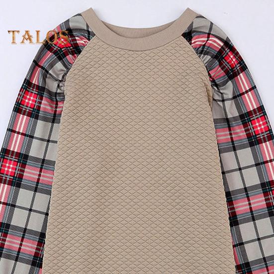 Женская толстовка осень-весна с принтом в клетку, с круглым вырезом, свободная, с длинными рукавами, с ромбовидной текстурой, повседневная одежда, спортивный топ