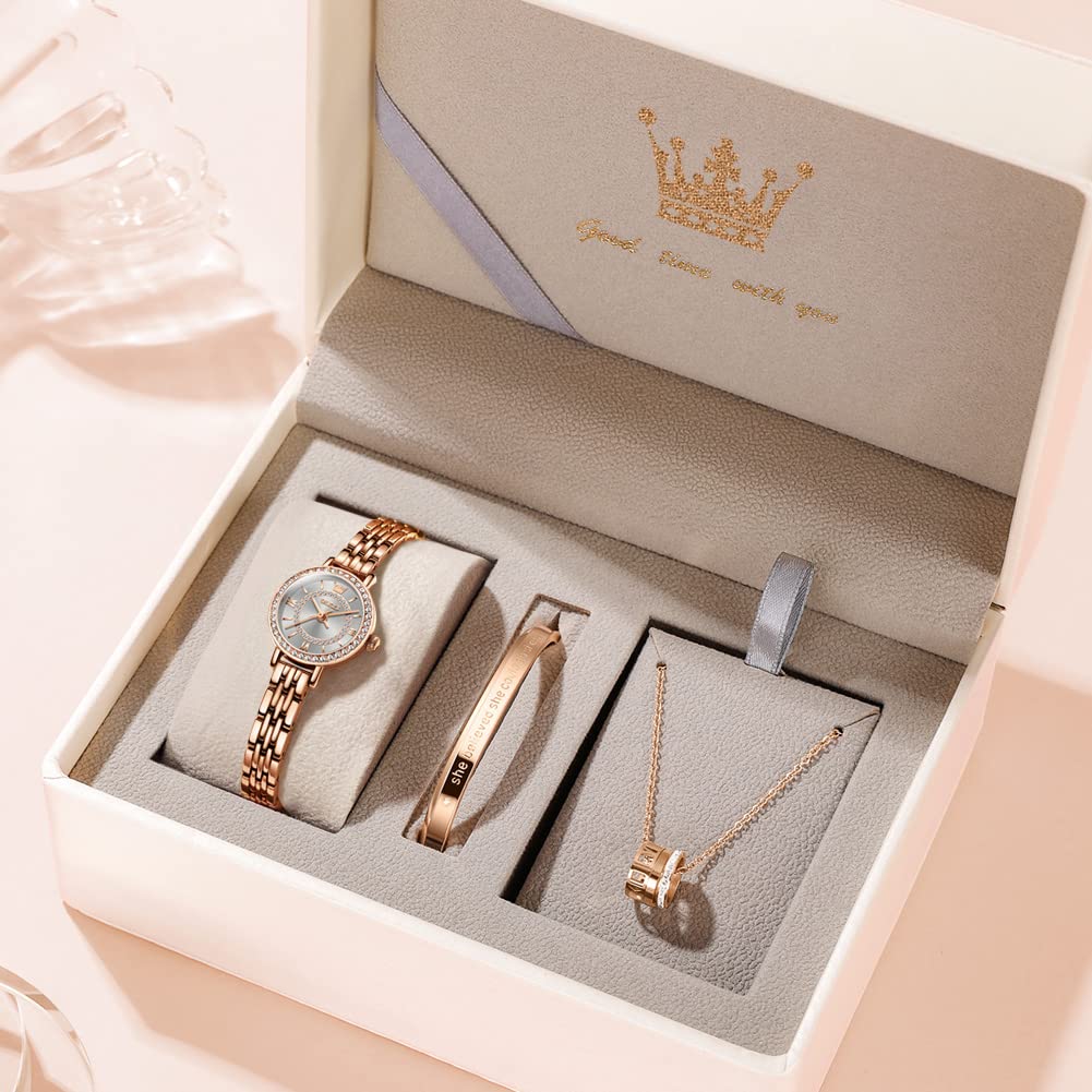 Наручные кварцевые простые нержавеющая сталь подарок на день для женщин OLEVS подарочный набор женские часы, браслет, ожерелье, бренд, милый, стильный,