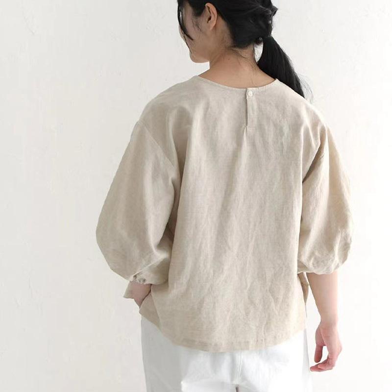 Summer Cotton and Linen T-shirt for Women Simple Solid Color Loose Lazy Puff Sleeve Short-sleeved Top