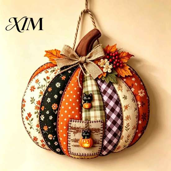 Entryway Decorative Craft Patchwork Pumpkin Wooden Door Hanger, Fall Harvest Halloween Sign Autumn Hanger with Maple Leaves Berries, Farmhouse