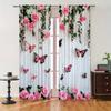 Butterfly and Rose Blackout Curtains 2pcs – Black Silhouette on Pink Floral Background, Romantic Bedroom or Living Room Decor