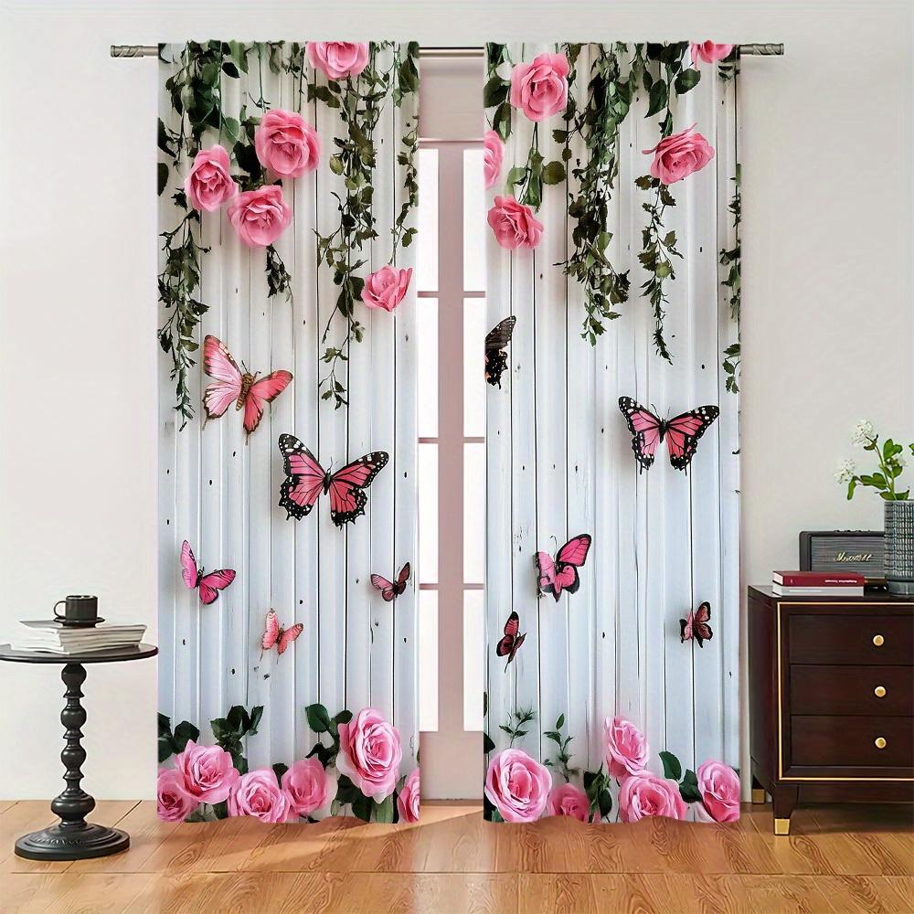 Butterfly and Rose Blackout Curtains 2pcs – Black Silhouette on Pink Floral Background, Romantic Bedroom or Living Room Decor