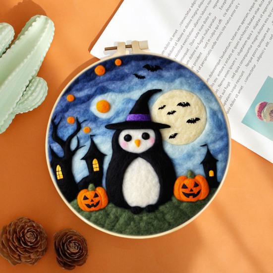 Halloween Needle Felting Kit Beginner Felt Craft Set DIY Felt Painting with Faux Wool Needle Frame Stamped Fabric for Adults Handcraft Lovers