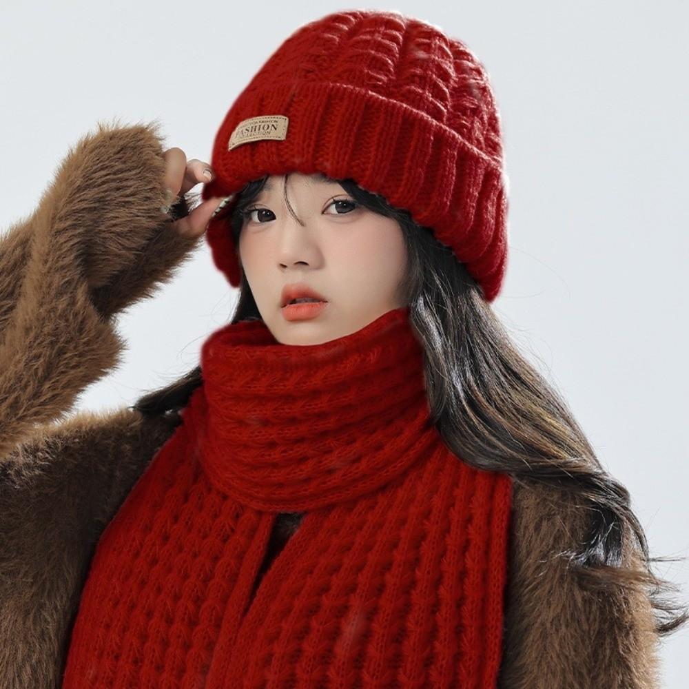 2Pcs Windproof Neck Guard Hat Set Korean Style Warm Scarf Fashion Knitted Hat Scarf Winter Autumn