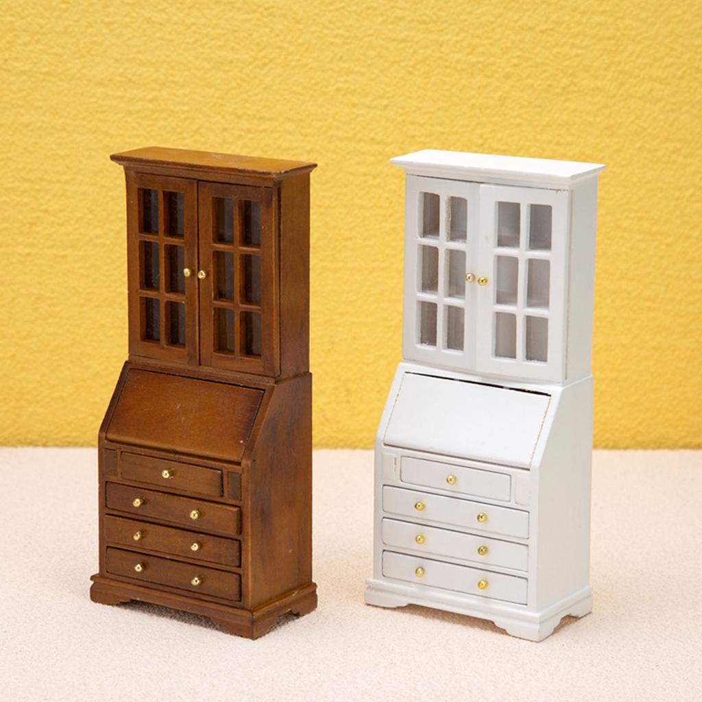 1/12 Miniature Bookshelf Wood Cabinet Dollhouse Furniture With Functional Storage Drawer For Small Books Scene Decors
