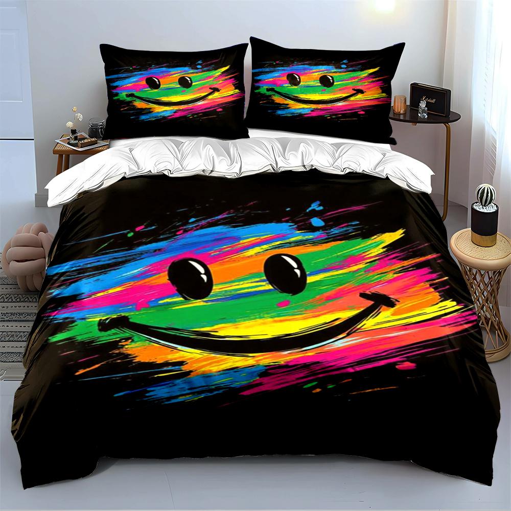 Colorful Smiley Face Bedding Set Black Bedding set (1 duvet cover, 2 pillowcases, duvet not included)