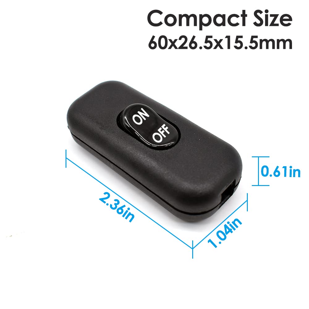 Inline Cord Switch 2 Pack, AC 250V 6A On/Off Lamp Control Appliance Switch Rocker for Table Lamp Desk Bed LED Lights, Black