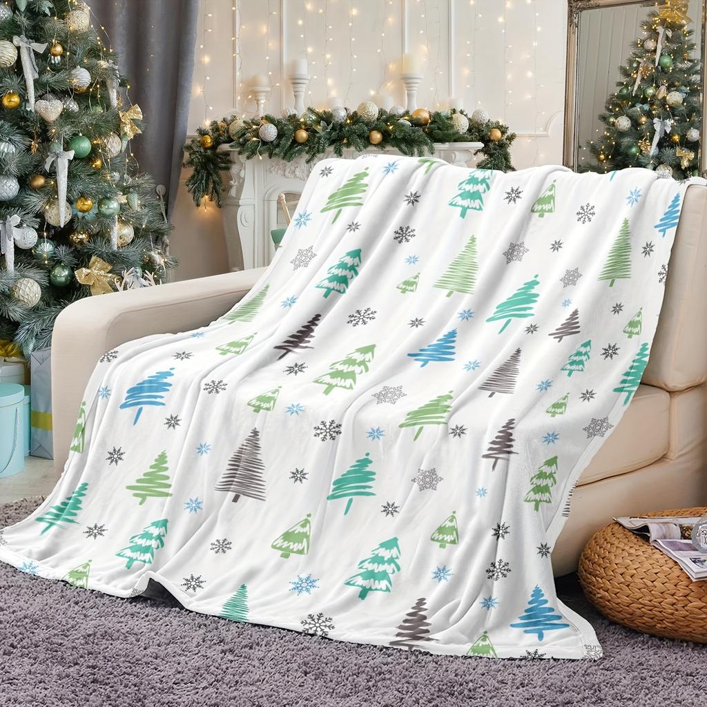 Simple Christmas Tree Flannel Throw Blanket, Light Blue Green Xmas Tree Snowflake Print Soft Warm Blanket for Sofa Bed Holiday Home Decor