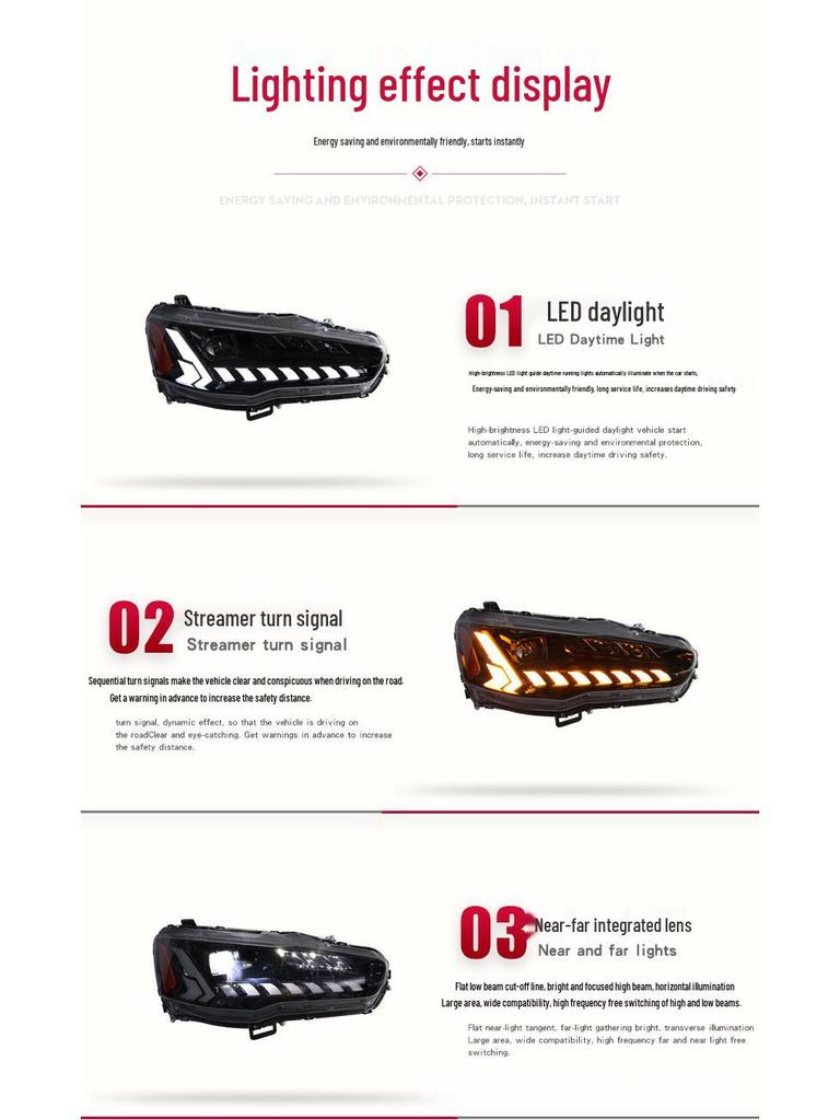 Подходит для Mitsubishi Lancer 09-16: Светодиодная фара EVO Modified с ДХО и последовательным указателем поворота