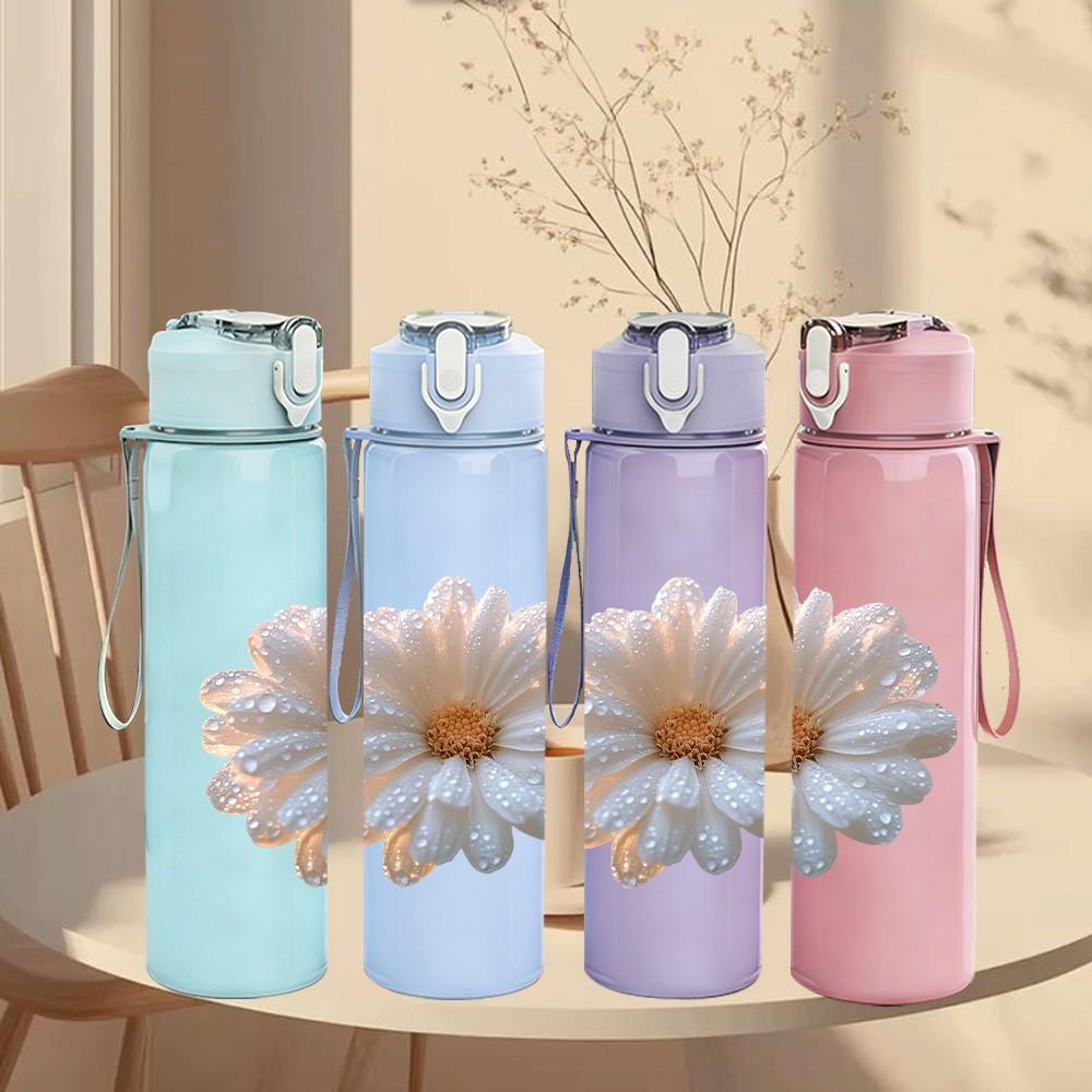 1PC White Daisy Flower Blossom Print 750ml Color Plastic Sports Water Bottle Leakproof Flip Straw Lid Suitable for Sports Office Home Use
