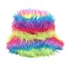 Women's Tie-dyed Rainbow Color Faux Fur Bucket Hat Fluffy Winter Warmer Plush Fisherman Cap Winter Gifts for Girlfriend
