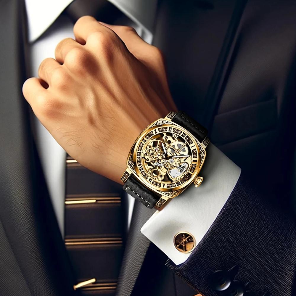 TEVISE Скелетон механические часы мужские винтажные гравированные автоматические механические наручные часы серебряный ремешок из нержавеющей стали