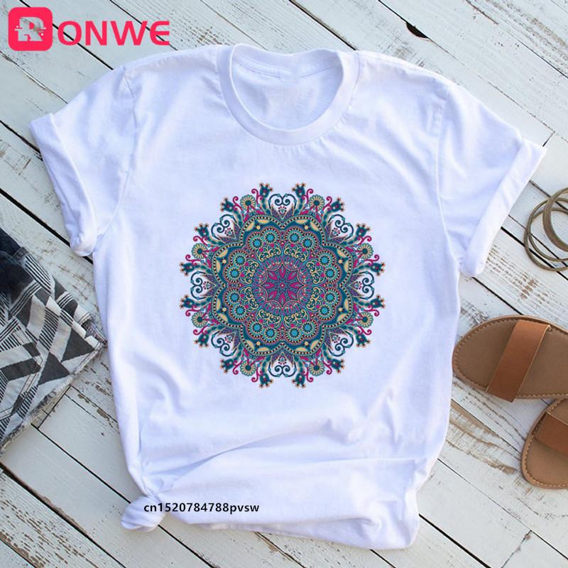 Mandala Flowers Stripes Thermo Funny Women T Shirt Girl Summer 90S Print Tops Tee Drop Ship