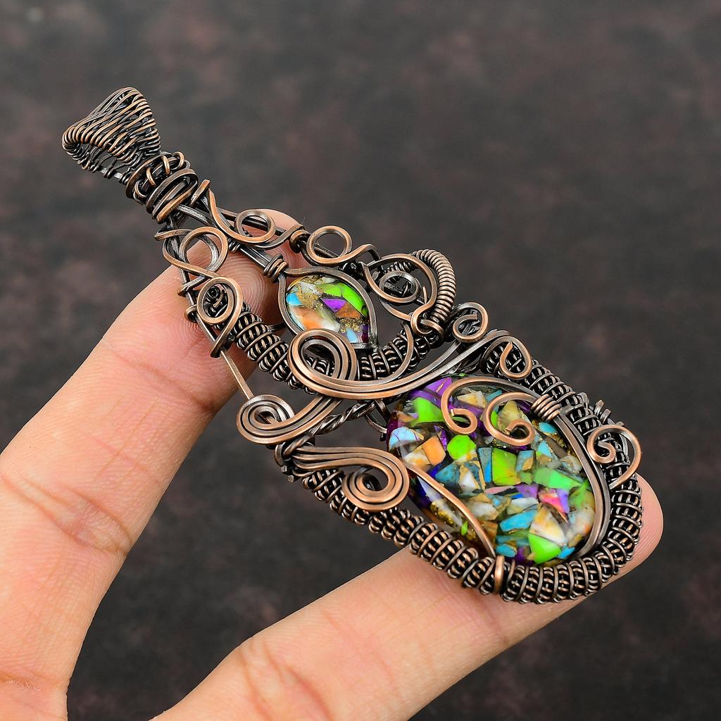 Кулон с бирюзой Кингман, обернутый медной проволокой, кулон с драгоценным камнем, ручная работа, многоцветный медный кулон с бирюзой, уникальные медные украшения для подарка