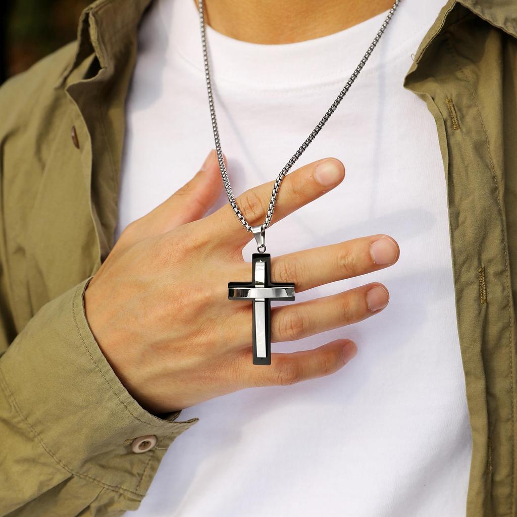 Стильные многослойные necklaces с крестом для мужчин и мальчиков, двухцветный черный серебристый цвет, подвеска-крест, религиозный молитвенный ожерелье