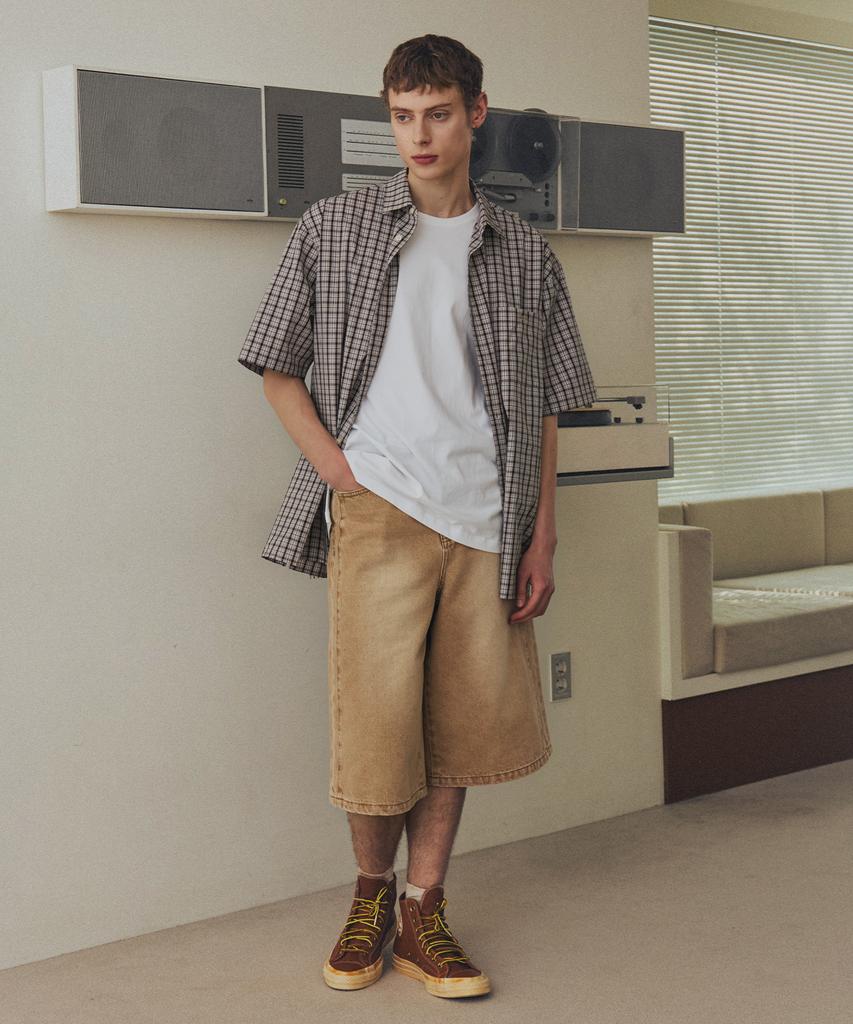 NODU Check Boxy Half Street Shirt [Beige]