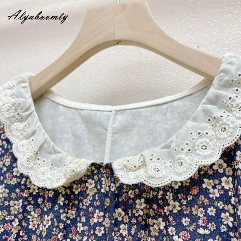 Японское летнее женское свободное платье Mori Girl с воротником Питера Пэна, лоскутное платье с вышивкой, ажурное платье из хлопка и льна, винтажное платье миди