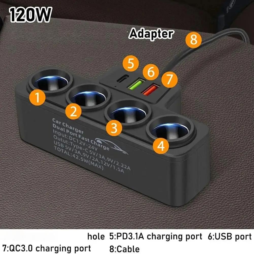 120 Вт 4-портовый USB-разветвитель для зарядки, быстрая зарядка 12 В 24 В для телефона, iPad 3.0, автомобильный зарядный адаптер