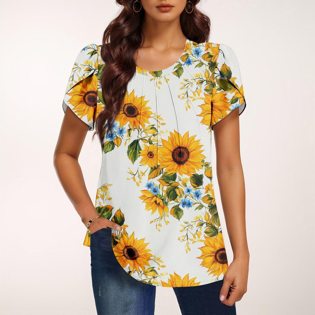 Women's Fashionable Round Neck Short Sleeve Printed Casual Basic Pleated Pullover T-shirt Top