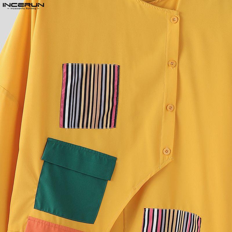 INCERUN Men 3/4 Sleeve Stitching Print Front Cross Splits Casual T-Shirts Tops