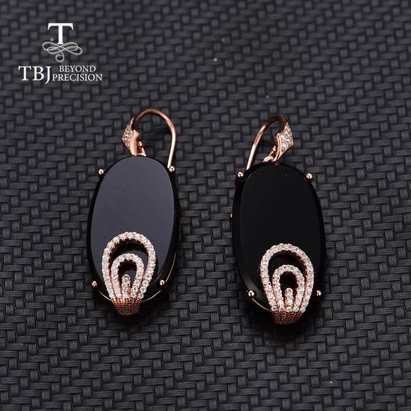 Bolaijewelry Длинные серьги Vogue с крючком, натуральный черный агат, оникс, стерлинговое серебро 925 пробы, розовое золото, 26,4 карата, серьги для подарка женщине