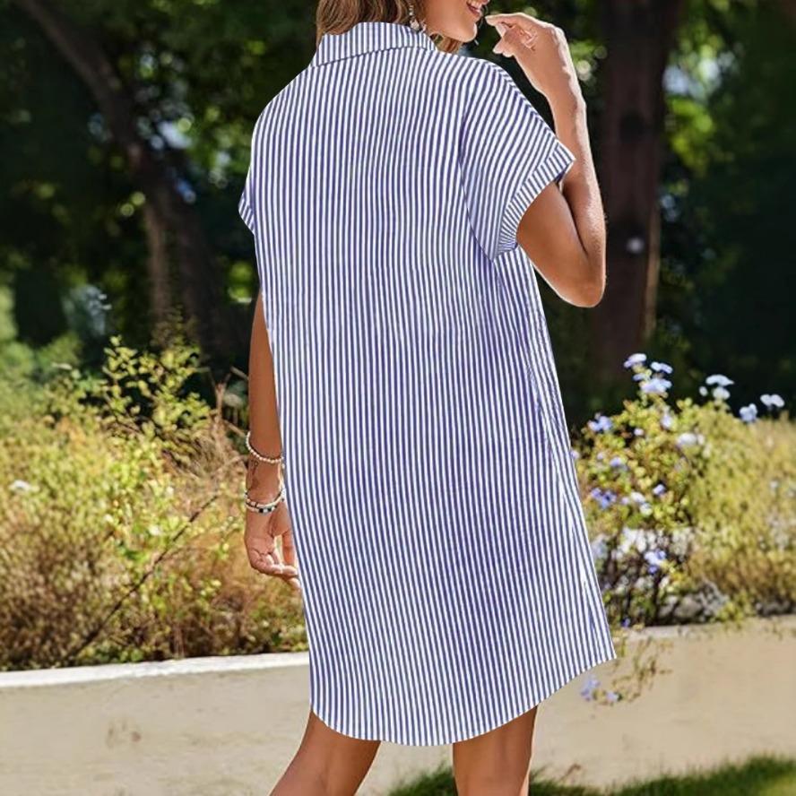 YYFS Женская мода лето весна полосатый принт короткий рукав поло воротник свободная талия повседневные платья