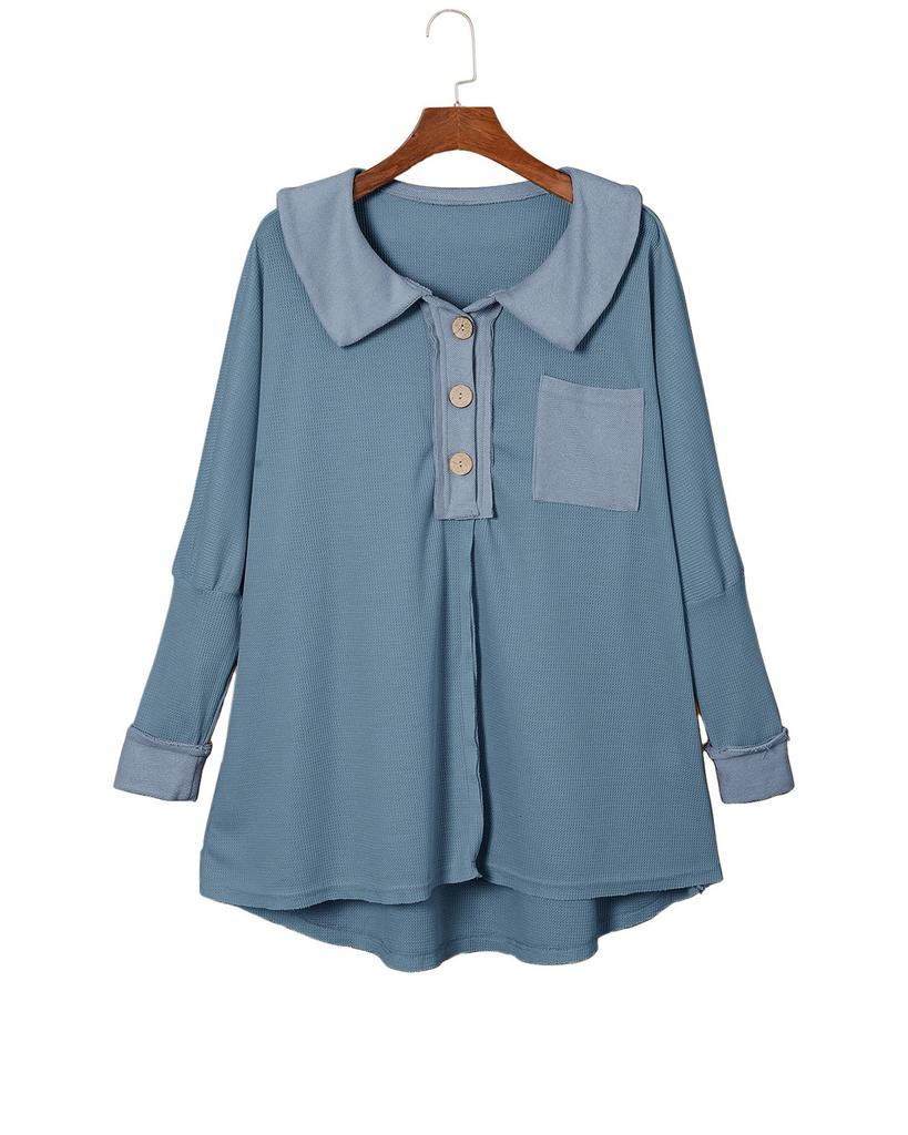 Azura Exchange Sky Blue Waffle Knit Buttoned Long Sleeve Top