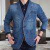 Осенний джинсовый блейзер однотонный с отложным воротником однобортный приталенный карманы костюм