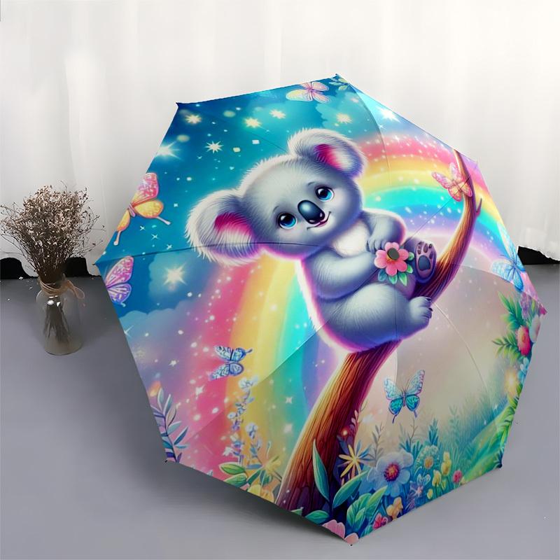 1pc Koala with Rainbow Flowers Umbrella with Plastic Handle,Suitable for All Seasons Home Travel Outdoor UmbrellaDD765