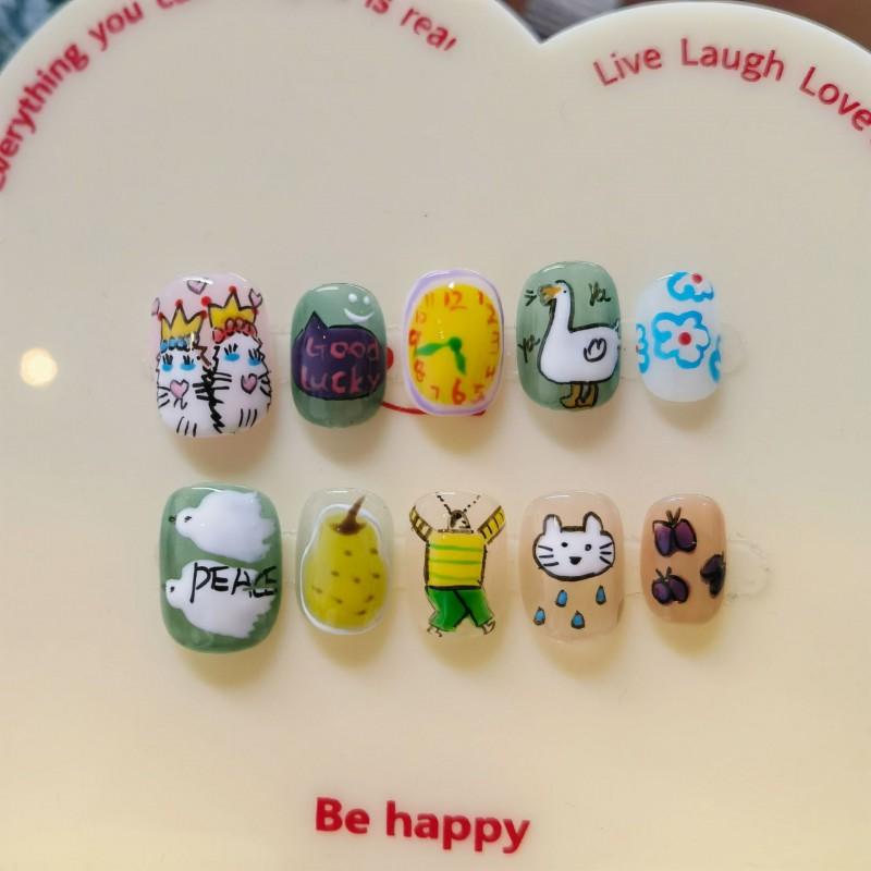 Cute Hand-Painted Press-On Nails Short Square Cat Eye Design Sweet Ins Style Nail Art Women