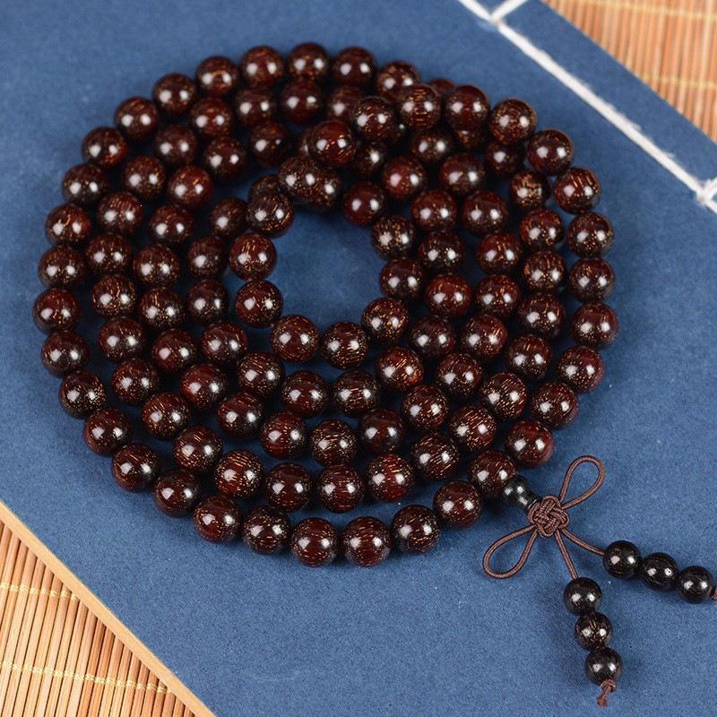 Zambia Blood Sandalwood Gold Star Bead Bracelet - High Density Straight Grain Prayer Beads