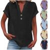 Women Solid Color Stand Collar T-shirt V-neck Short Sleeve Top Neck Button Design