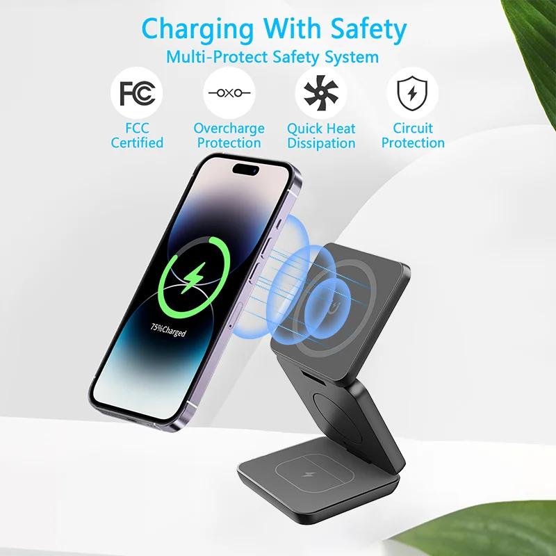 Складная магнитная беспроводная зарядная станция 3-в-1 Macsafe для iPhone 15 14 13 12 Apple Watch 8 7 6 Airpods Быстрая зарядка