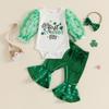 Baby Girls Irish Day Outfits Shamrock Mesh Letter Print Long Sleeves Romper and Elastic Flared Pants Headband Set