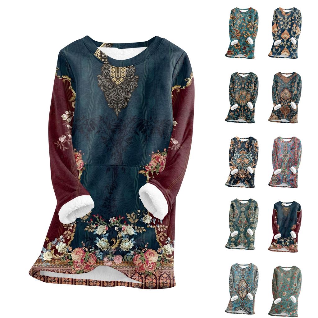 Женский модный плюшевый теплый пуловер с принтом, круглым вырезом и длинными рукавами