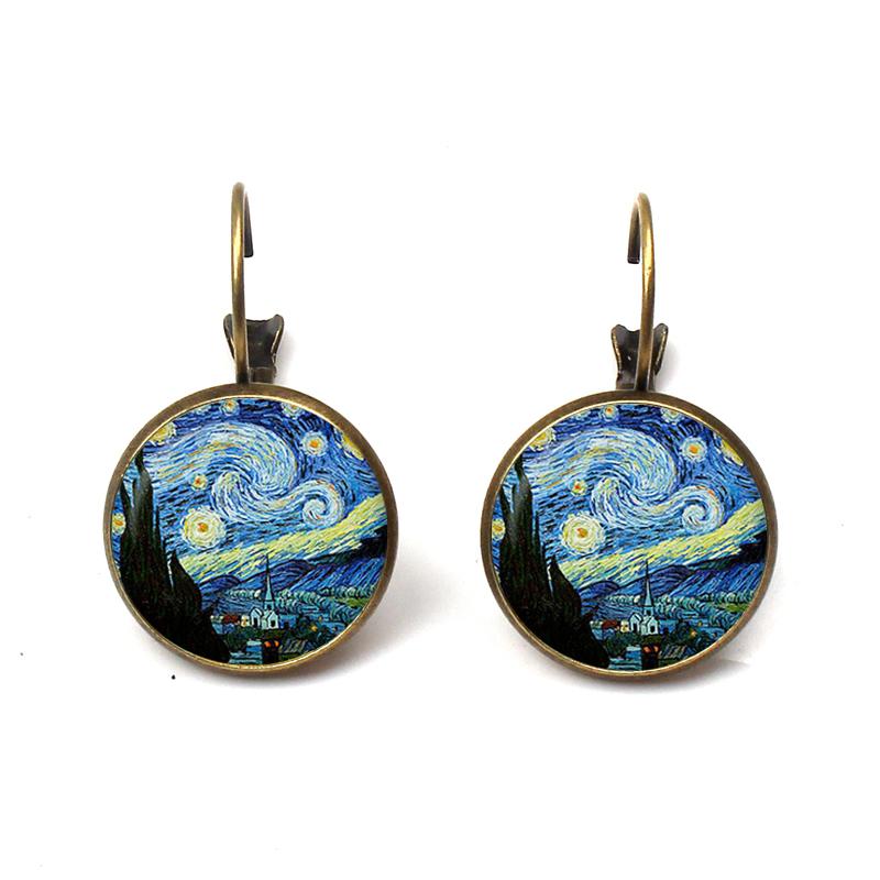 Fashion Flower Printed Famous painting Earring Jewelry Ethnic Big Round Gogh starry night Dangle Earrings Women Wedding Ohrringe