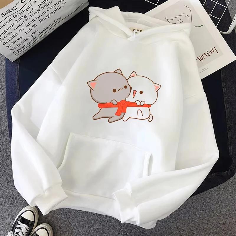 2025  Women's White Hoodies Kawaii Peach Cat Cartoon Print Femme Winter Hooded Sweatshirt Tops Casual Female Jumper